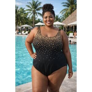 NWT Swimsuits for All Black Metallic Gold Plus One Piece Swimwear Women's 24